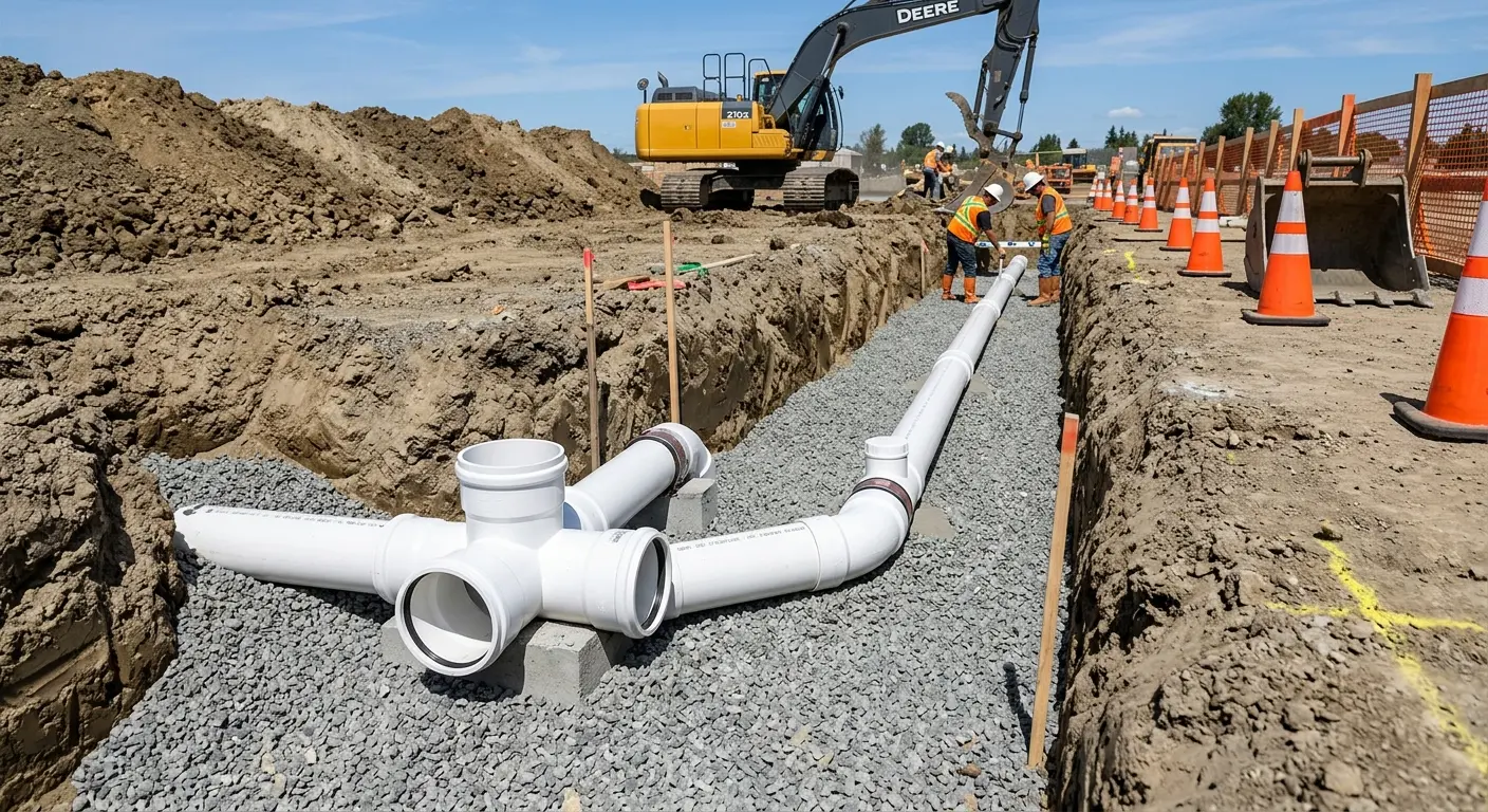 New PVC sewer pipe installation in open trench for Sewer Backup in Soddy-Daisy