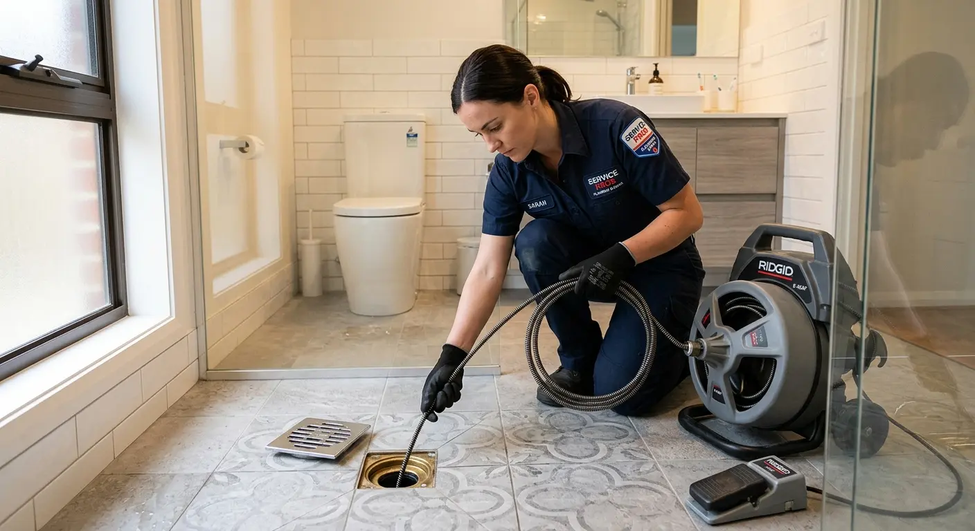 Technician clearing a bathroom floor drain for Clogged Drain Repair in Soddy-Daisy